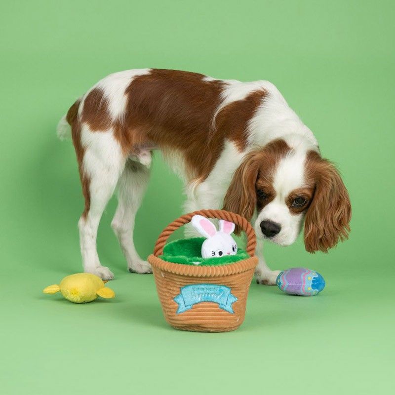 jouet d'occupation pour chien en forme de panier et de 3 peluches qui couinent représentant un oeuf de paques, un poussin et un lapin de paques "Egg hunt squad" Fringe