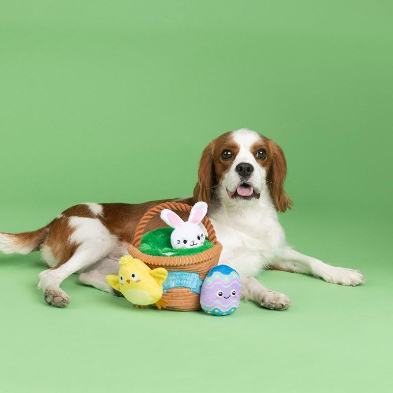 jouet d'occupation pour chien en forme de panier et de 3 peluches qui couinent représentant un oeuf de paques, un poussin et un lapin de paques "Egg hunt squad" Fringe