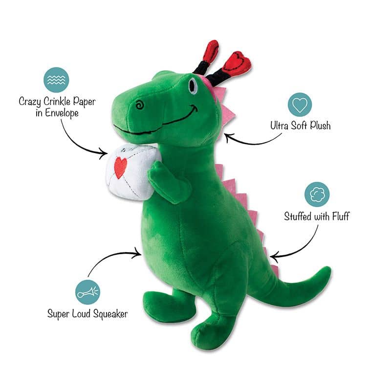 jouet peluche de Saint Valentin pour chien Special Delivery Rex de la marque Fringe en forme de dinosaure TRex portant une enveloppe lettre d'amour