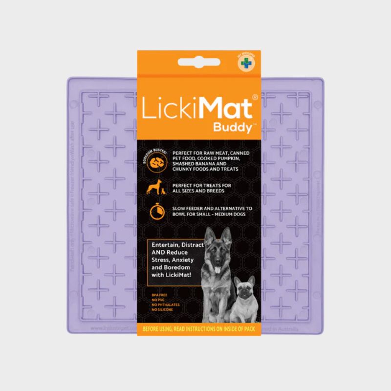 Tapis de léchage Lickimat Buddy Lavender pour chien et chat pour les occuper lors des absences, mettre dessus de la pâtée, du peanut butter ou du kéfir de lait