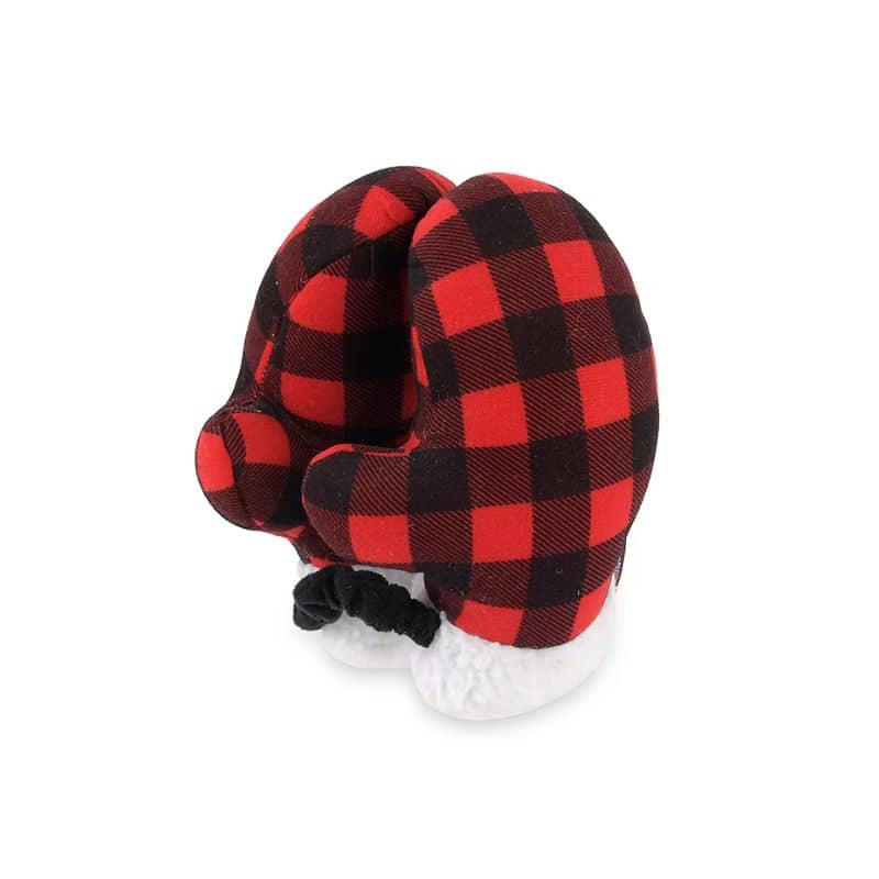 jouet peluche de Noël pour chien en forme de moufles à carreaux rouge "Home for the holidays paw warmers" par la marque Play