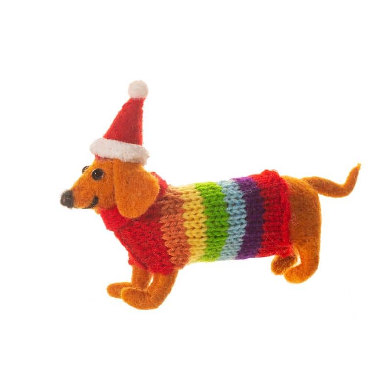 Décoration pour sapin de Noël en forme de chien teckel avec pull arc-en-ciel