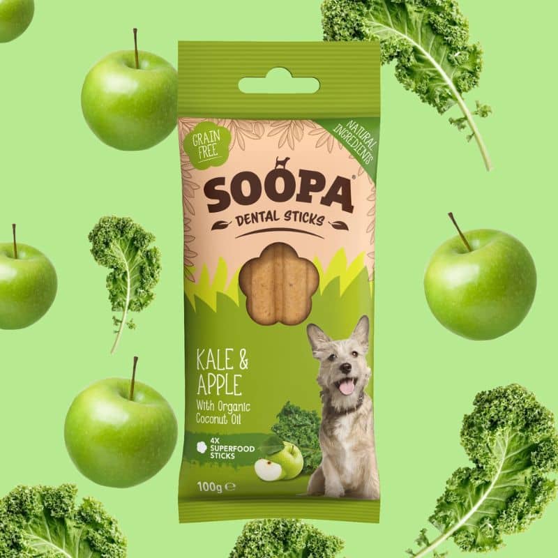 bâtonnets dentaires à mâcher au chou kale et à la pomme de Soopa pour chien