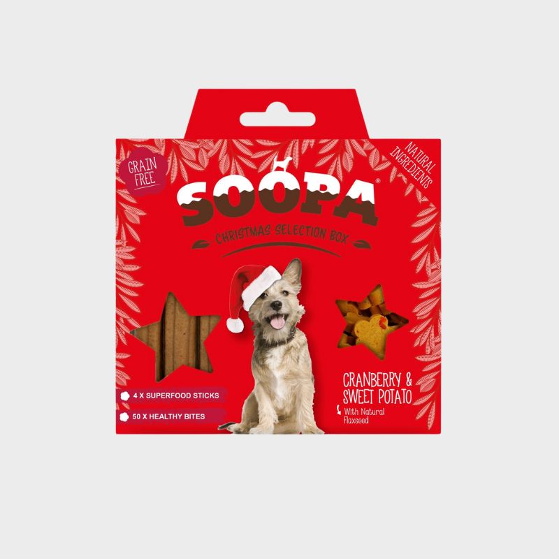 coffret de Noel avec friandises pour chien à la patate douce et canneberge contenant 4 sticks dentaires et 50 training treats Soopa