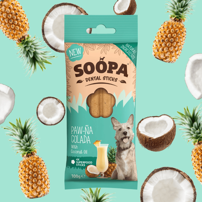 Stick dentaire à base de noix de coco et d'ananas pour chien de la marque Soopa