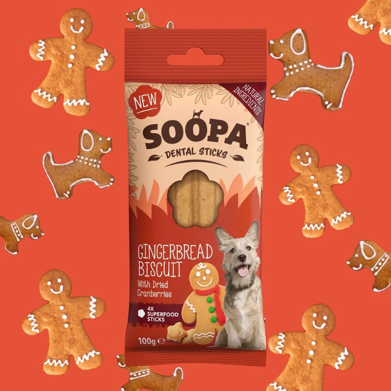 Stick dentaire pour chien à base de gingembre et cranberries de la marque Soopa * edition limitée Gingerbread biscuit pour Noël