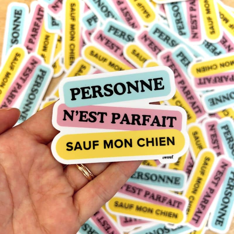 Sticker finition mat de the wouf chien "personne n'est parfait sauf mon chien"