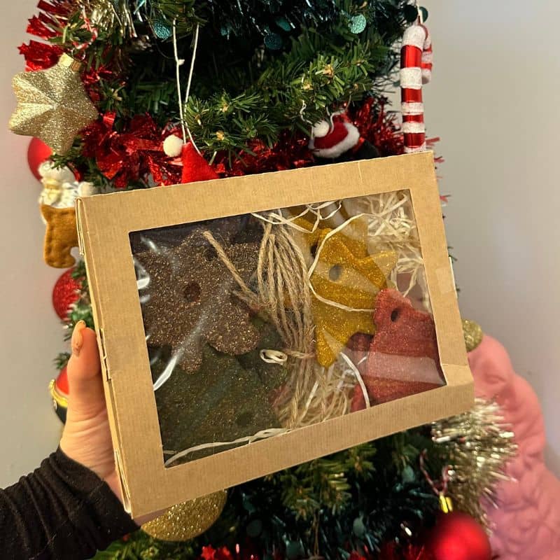 Sapin vert à la spiruline, boule rouge à la betterave, étoile jaune au curcuma et renne marron au caroube Waniyanpi  avec une corde pour accrocher dans le sapin