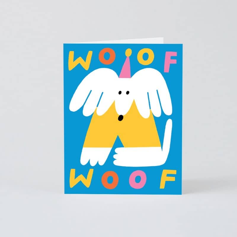 carte d'anniversaire de la marque Wrap pour souhaiter un bon anniversaire Woof Woof avec un chien bleu